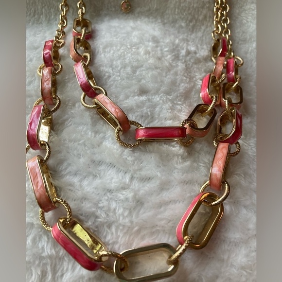 Talbots Pink Enamel Layered Chain Link Necklace - Picture 3 of 7